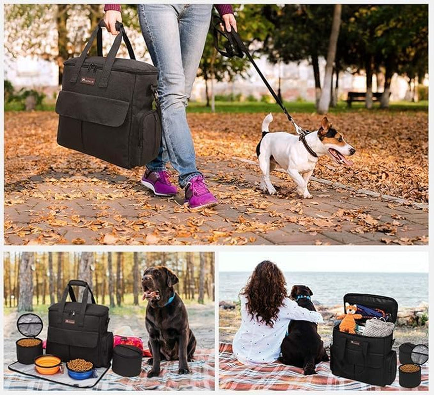 Premium Weekend Dog Travel Bag Set with Two Food Bags, Two Bowls, and Mat in Black