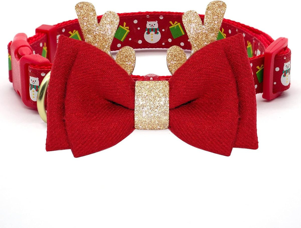 Adjustable Christmas Dog Collar with Antler Bow Tie and Snowman Accessories for Medium Dogs