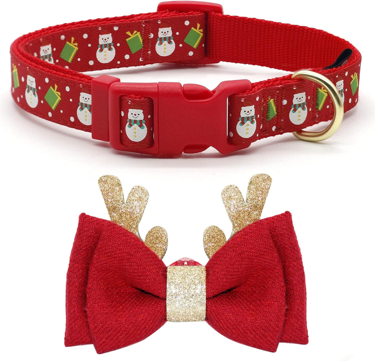 Adjustable Christmas Dog Collar with Antler Bow Tie and Snowman Accessories for Medium Dogs