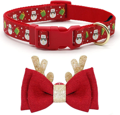Adjustable Christmas Dog Collar with Antler Bow Tie and Snowman Accessories for Medium Dogs