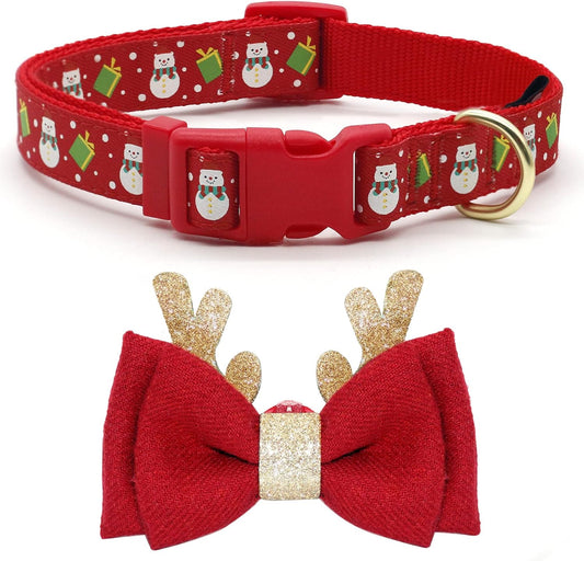 Adjustable Christmas Dog Collar with Antler Bow Tie and Snowman Accessories for Medium Dogs
