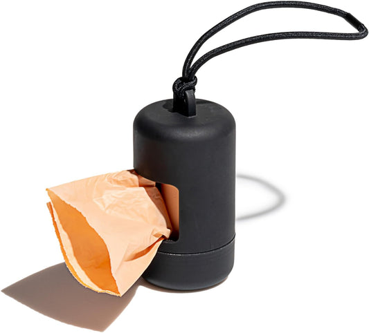 Dog Waste Bag Holder and Dispenser with Leash Attachment, Leak-Proof Design, Easy Twist Top for Refills, Includes One Roll of Bags, Black