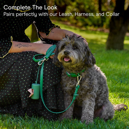Dog Waste Bag Holder and Dispenser with Leash Attachment, Leak-Proof Design, Easy Twist Top for Refills, Includes One Roll of Bags, Black