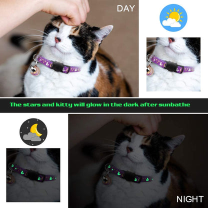 Adjustable Breakaway Cat Collars with Bell - 2-Pack Glow in the Dark Moons and Stars Design (Black & Purple)
