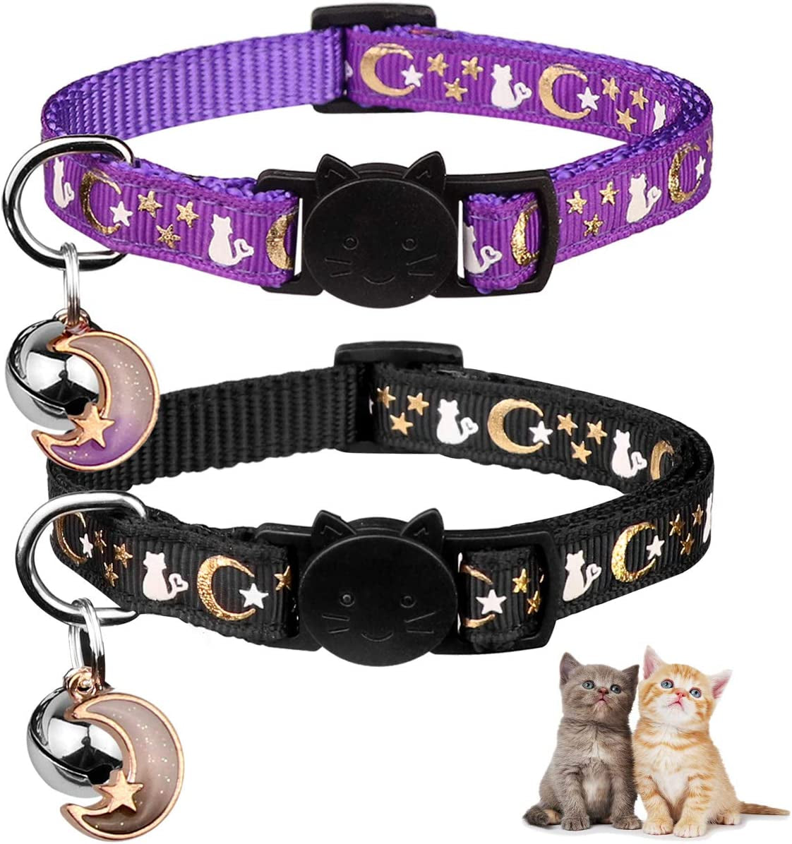 Adjustable Breakaway Cat Collars with Bell - 2-Pack Glow in the Dark Moons and Stars Design (Black & Purple)