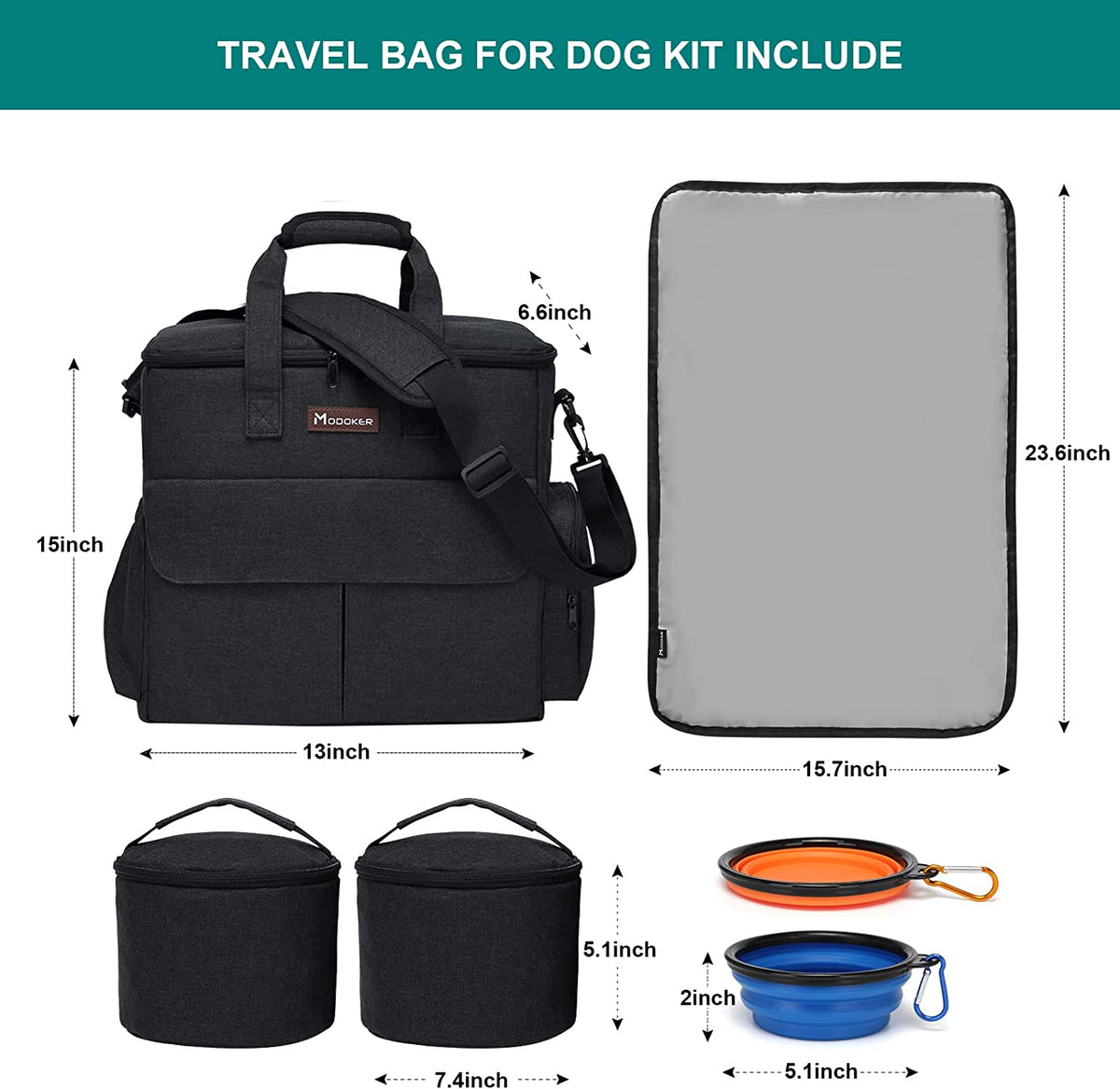 Premium Weekend Dog Travel Bag Set with Two Food Bags, Two Bowls, and Mat in Black