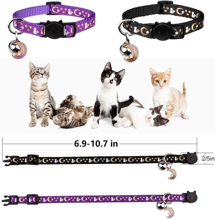 Adjustable Breakaway Cat Collars with Bell - 2-Pack Glow in the Dark Moons and Stars Design (Black & Purple)