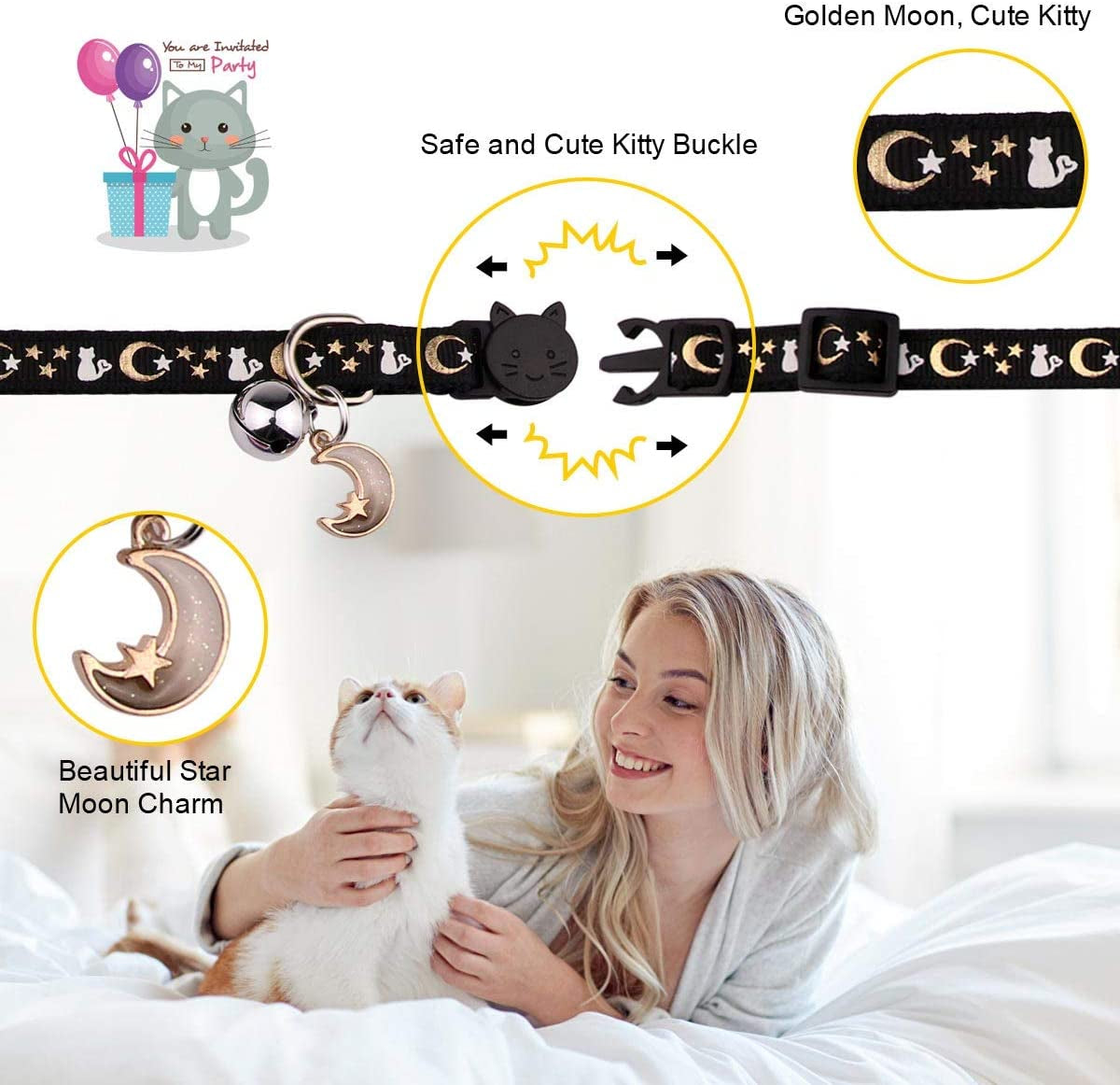 Adjustable Breakaway Cat Collars with Bell - 2-Pack Glow in the Dark Moons and Stars Design (Black & Purple)