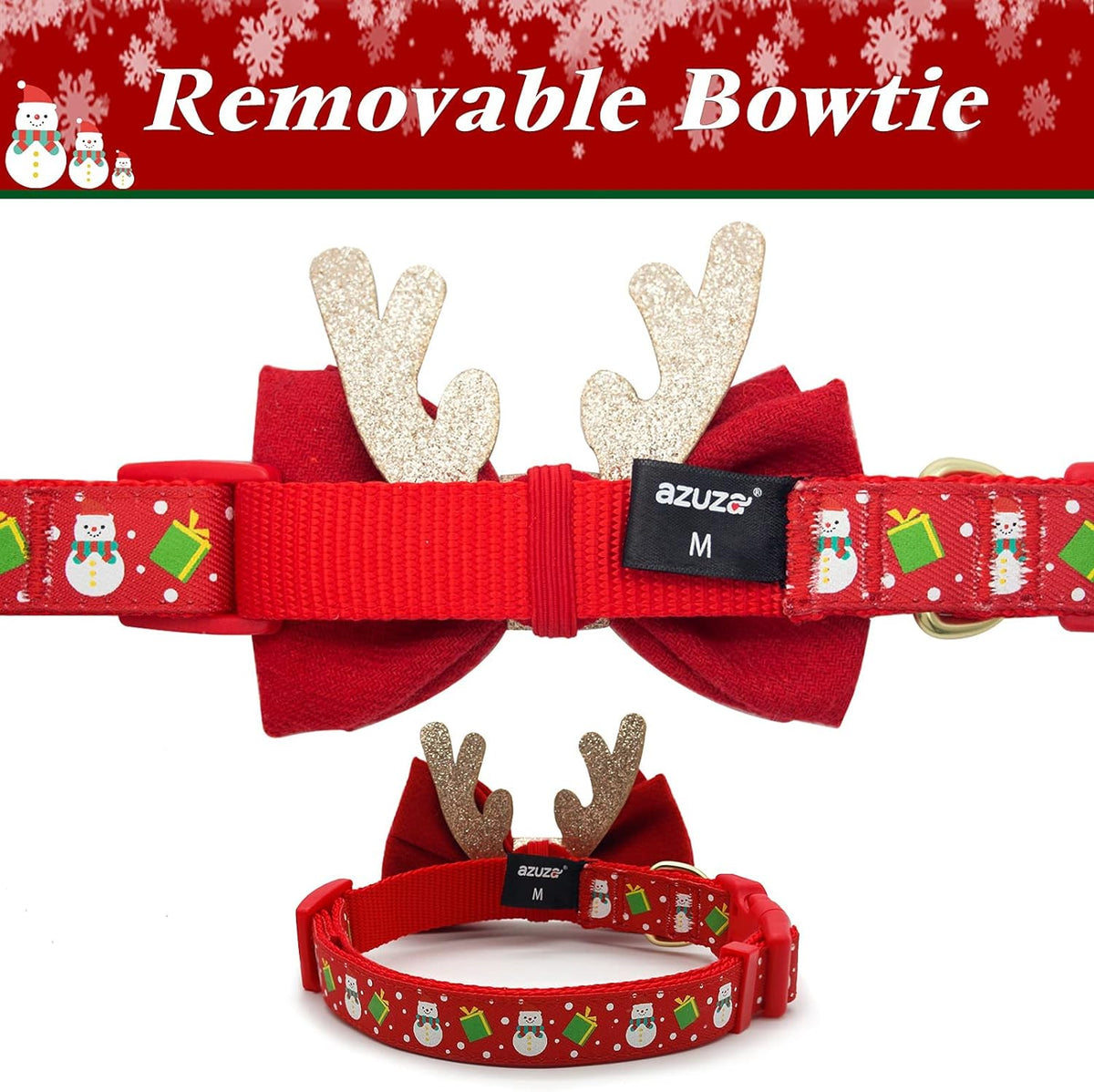 Adjustable Christmas Dog Collar with Antler Bow Tie and Snowman Accessories for Medium Dogs