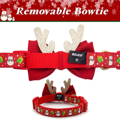 Adjustable Christmas Dog Collar with Antler Bow Tie and Snowman Accessories for Medium Dogs