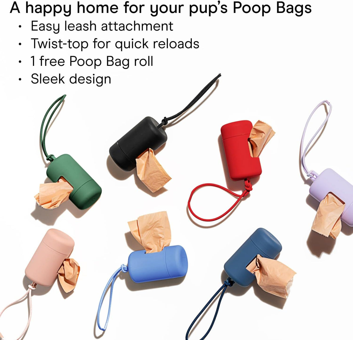 Dog Waste Bag Holder and Dispenser with Leash Attachment, Leak-Proof Design, Easy Twist Top for Refills, Includes One Roll of Bags, Black