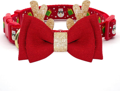 Adjustable Christmas Dog Collar with Antler Bow Tie and Snowman Accessories for Medium Dogs