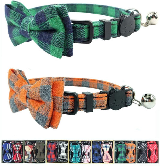 Adjustable Breakaway Cat Collar Set with Bell and Bow Tie, Plaid Design (Green & Orange) - 2 Pack (6.8-10.8 In)