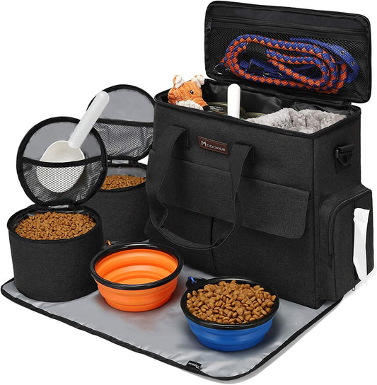 Premium Weekend Dog Travel Bag Set with Two Food Bags, Two Bowls, and Mat in Black