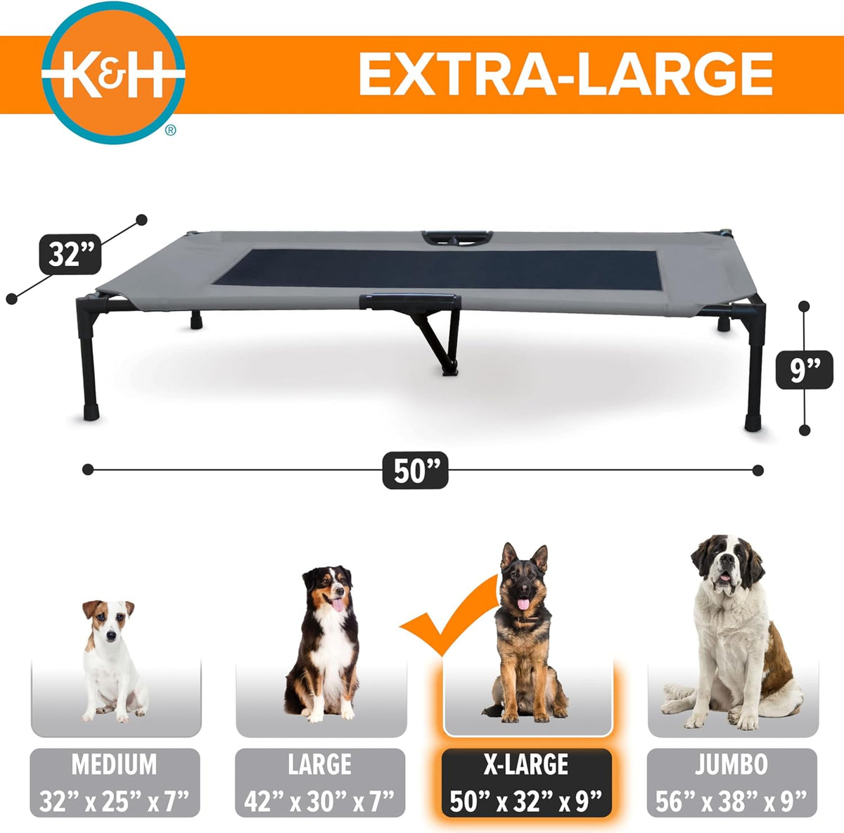 K&H Outdoor Elevated Dog Bed for Large and Extra-Large Pets, Gray, 50"x32" XL